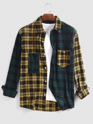 Mænd Bomuld Splejset Plaid Patch Pocket Langærmede Casual Skjorter