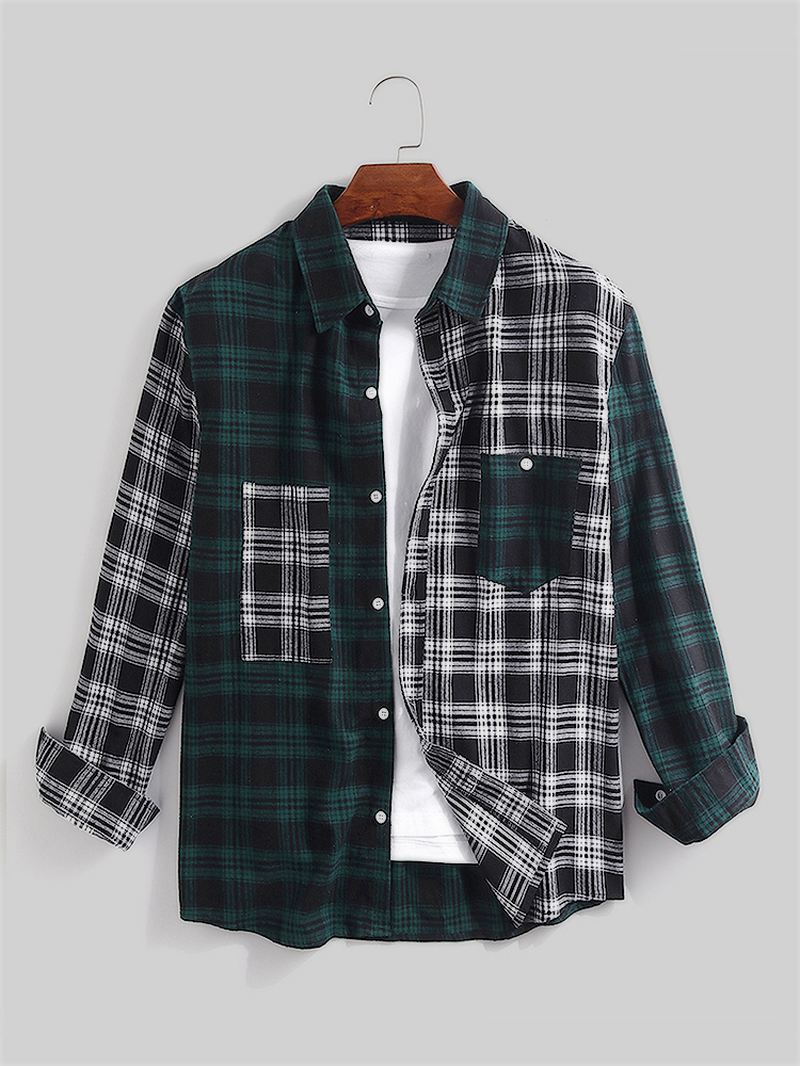 Mænd Bomuld Splejset Plaid Patch Pocket Langærmede Casual Skjorter