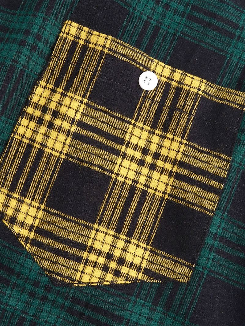 Mænd Bomuld Splejset Plaid Patch Pocket Langærmede Casual Skjorter