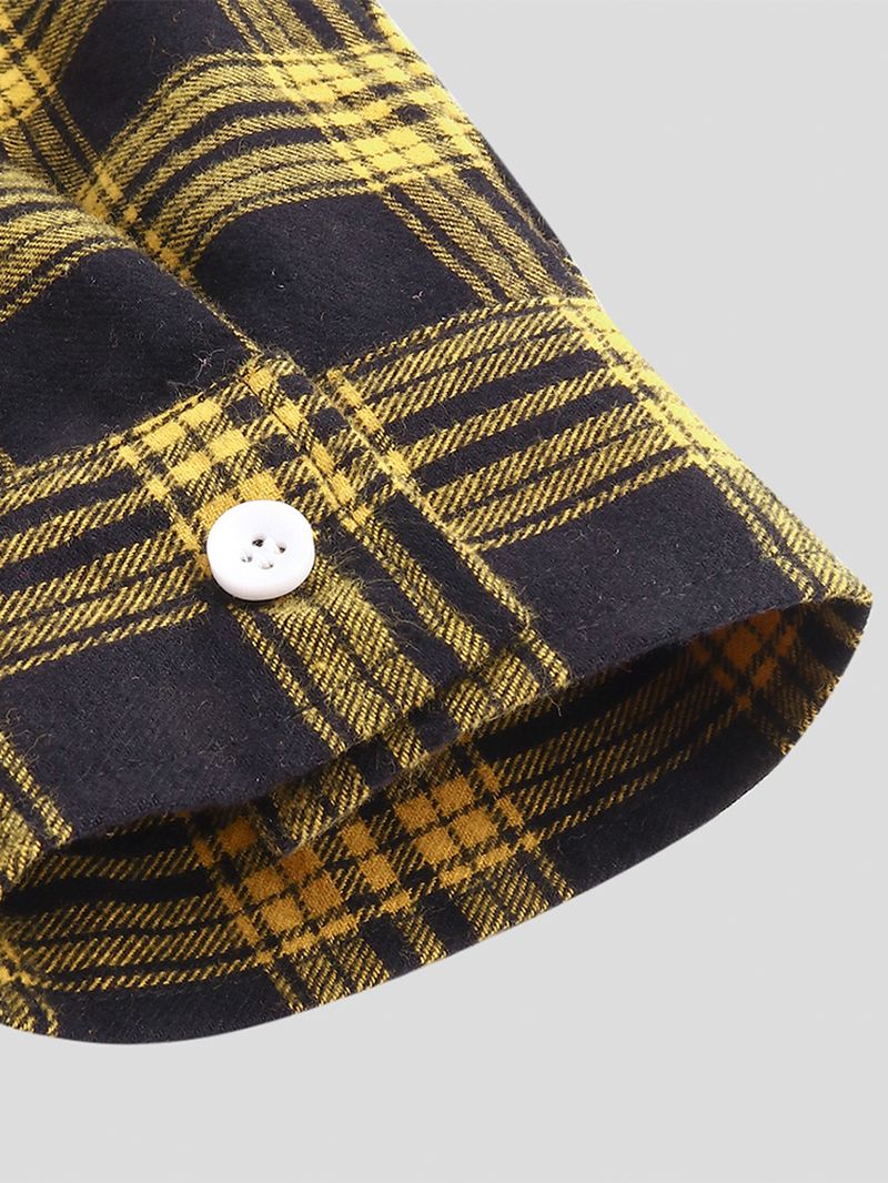 Mænd Bomuld Splejset Plaid Patch Pocket Langærmede Casual Skjorter