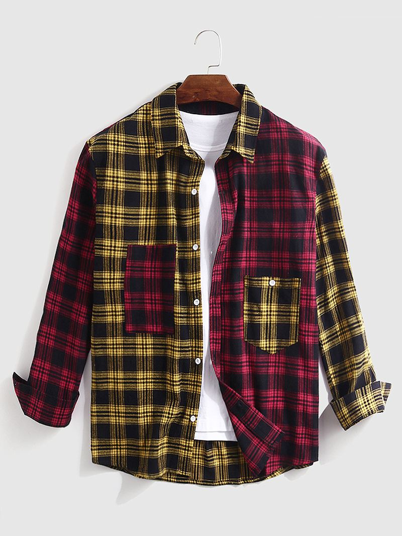 Mænd Bomuld Splejset Plaid Patch Pocket Langærmede Casual Skjorter