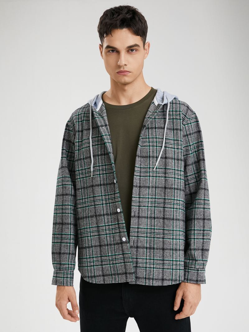 Mænd Casual Plaid Button Up Hættesnor Casual Skjorter