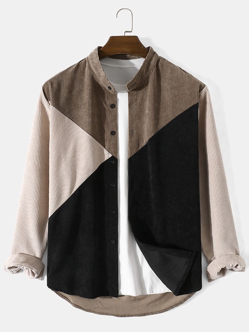 Mænd Corduroy Patchwork Contrast Stand Collar Casual Skjorter