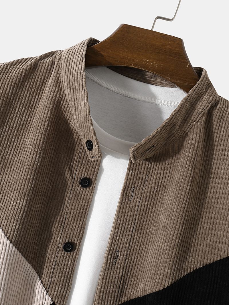 Mænd Corduroy Patchwork Contrast Stand Collar Casual Skjorter