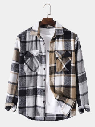 Mænd Patchwork Plaid Brystlommer Button Lapel Casual Shirt