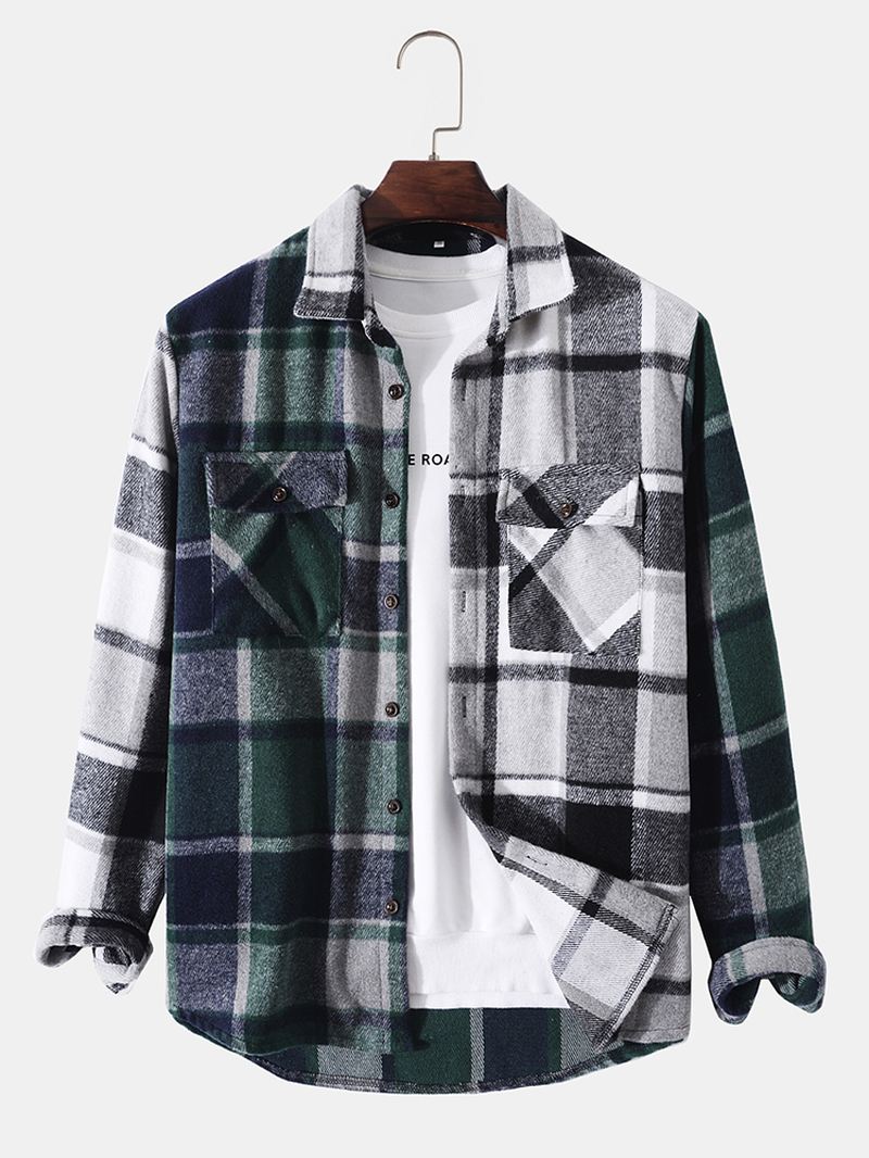 Mænd Patchwork Plaid Brystlommer Button Lapel Casual Shirt