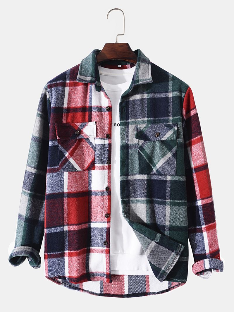 Mænd Patchwork Plaid Brystlommer Button Lapel Casual Shirt