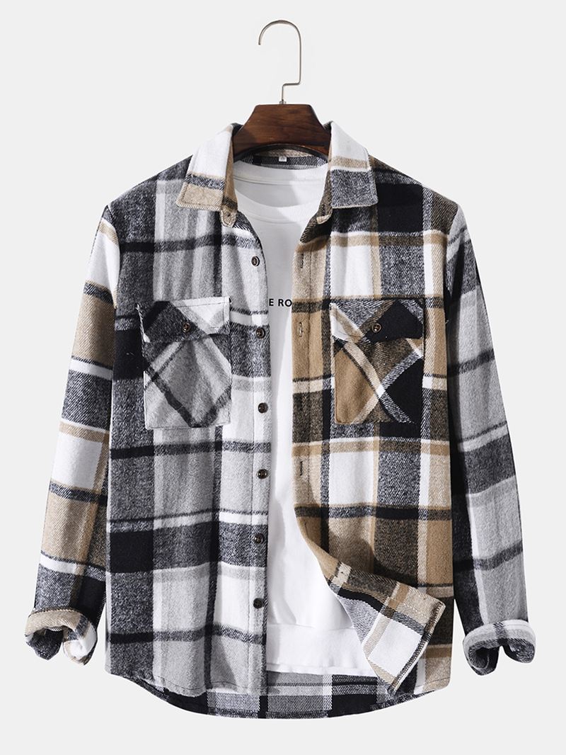 Mænd Patchwork Plaid Brystlommer Button Lapel Casual Shirt