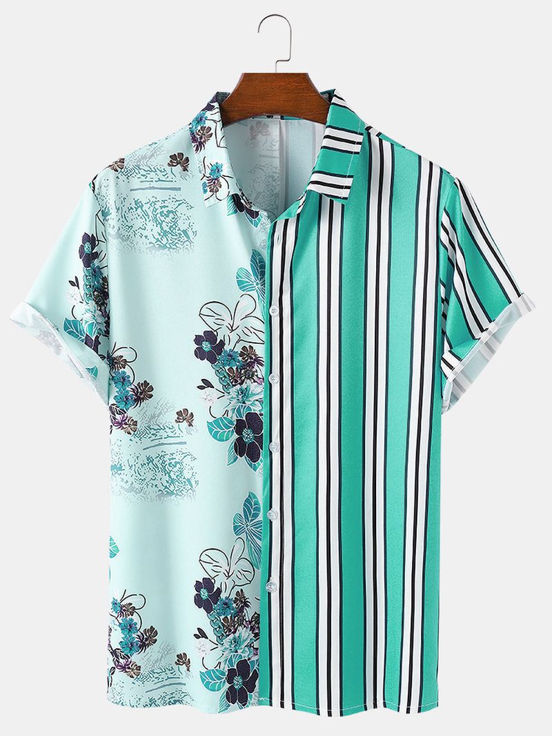 Mænd Tropical Plants Farverige Stripe Blandet Med Tryk Kortærmede Casual Holiday Shirts