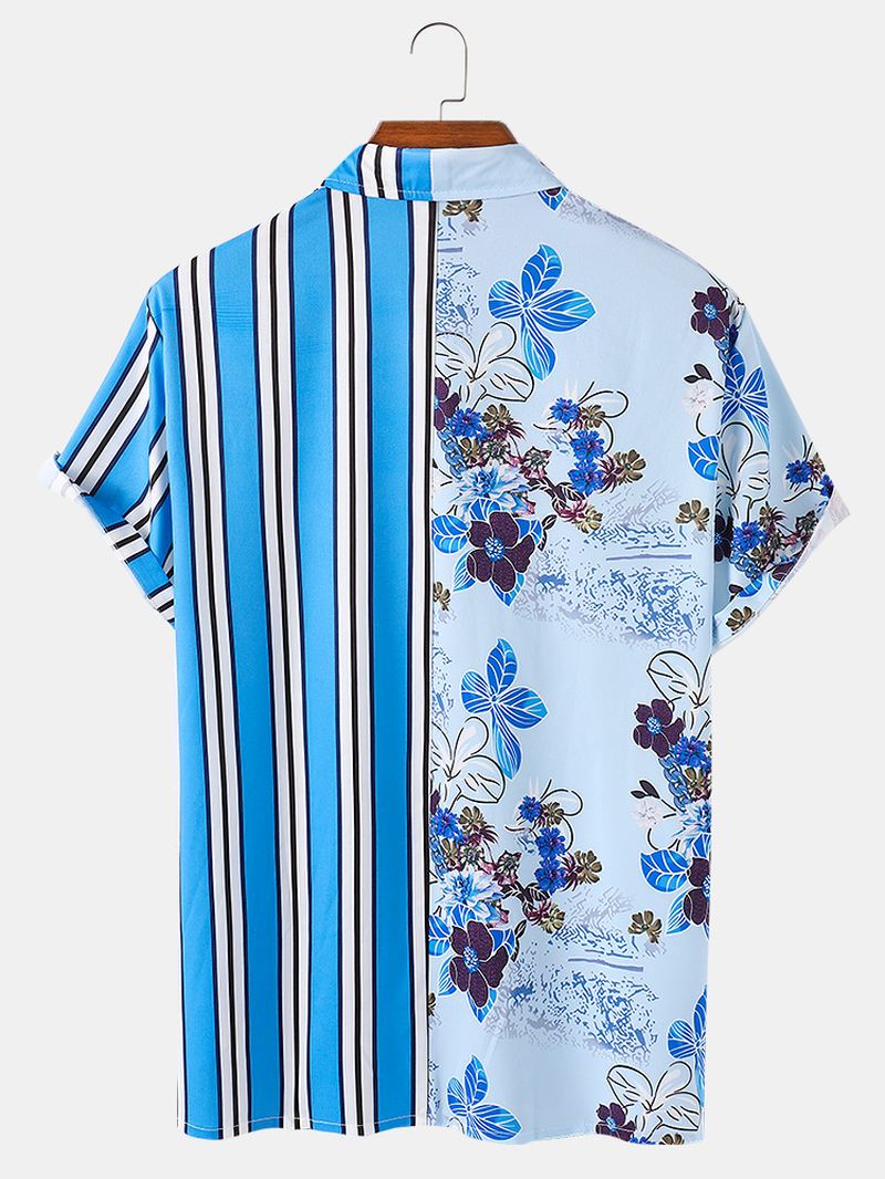 Mænd Tropical Plants Farverige Stripe Blandet Med Tryk Kortærmede Casual Holiday Shirts