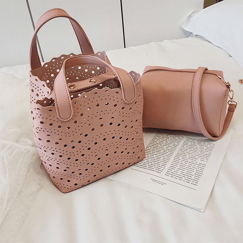 2 Stk Kvinder Hollow Out Pu Læder Bucket Bag