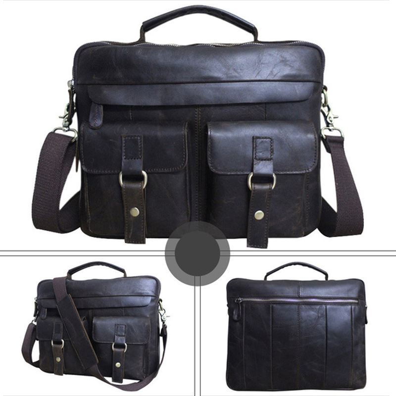 Ægte Læder Sling Briefcase Vintage Håndtaske Dual Use Messenger Bag Til Mænd