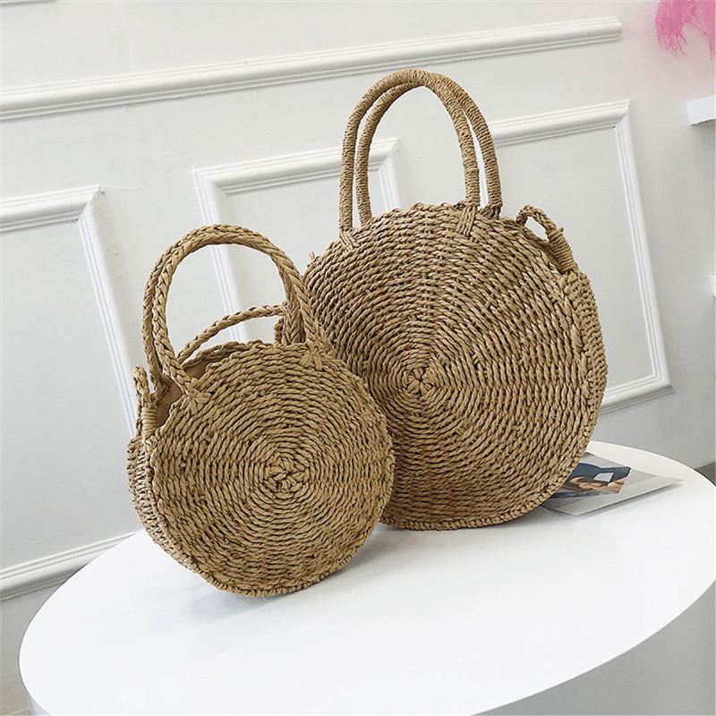 Bohemia Rattan Straw Bag Dame Straw Håndtaske Rund Strand 110cm Længde Polyester