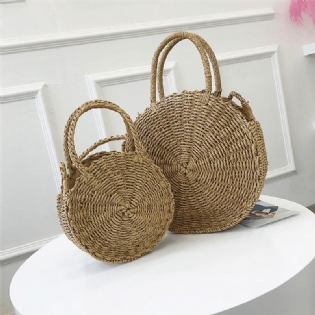 Bohemia Rattan Straw Bag Dame Straw Håndtaske Rund Strand 110cm Længde Polyester