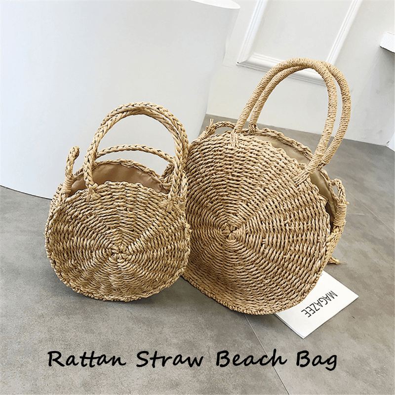 Bohemia Rattan Straw Bag Dame Straw Håndtaske Rund Strand 110cm Længde Polyester