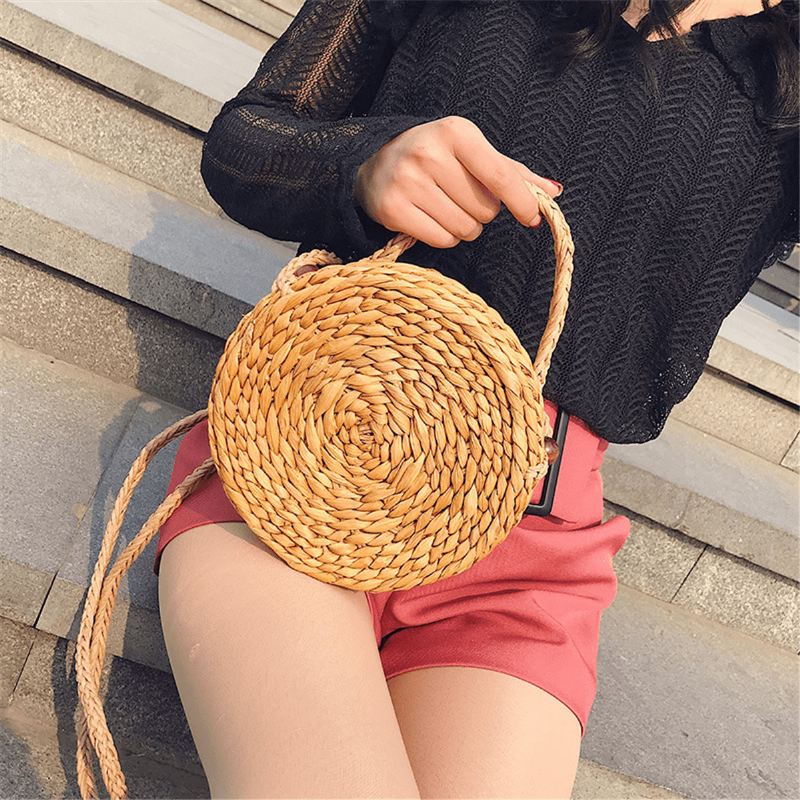 Bohemia Rattan Straw Bag Dame Straw Håndtaske Rund Strand 110cm Længde Polyester