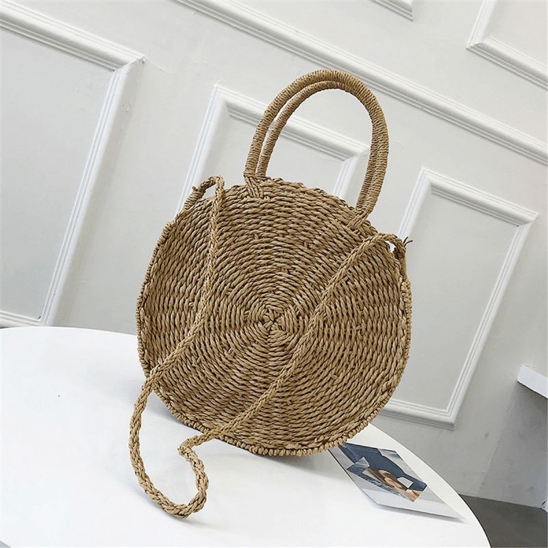 Bohemia Rattan Straw Bag Dame Straw Håndtaske Rund Strand 110cm Længde Polyester