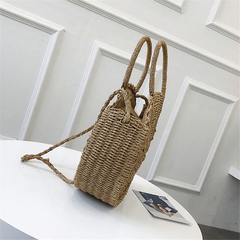 Bohemia Rattan Straw Bag Dame Straw Håndtaske Rund Strand 110cm Længde Polyester