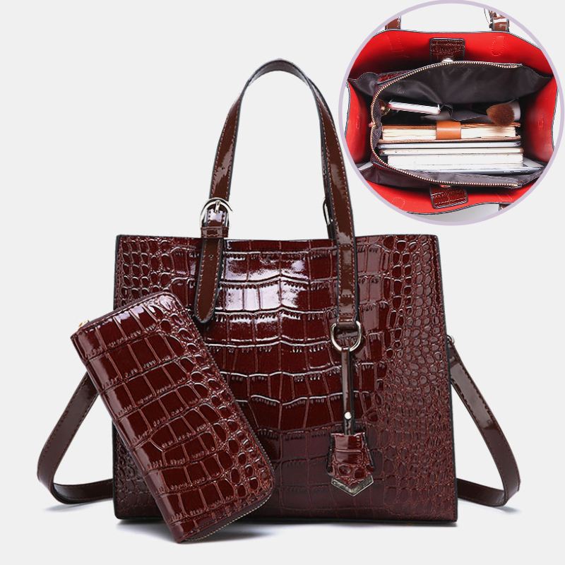 Kvinder 2 Stk Alligator Pu Multi-pocket Håndtaske Med Stor Kapacitet Crossbody Taske Tote