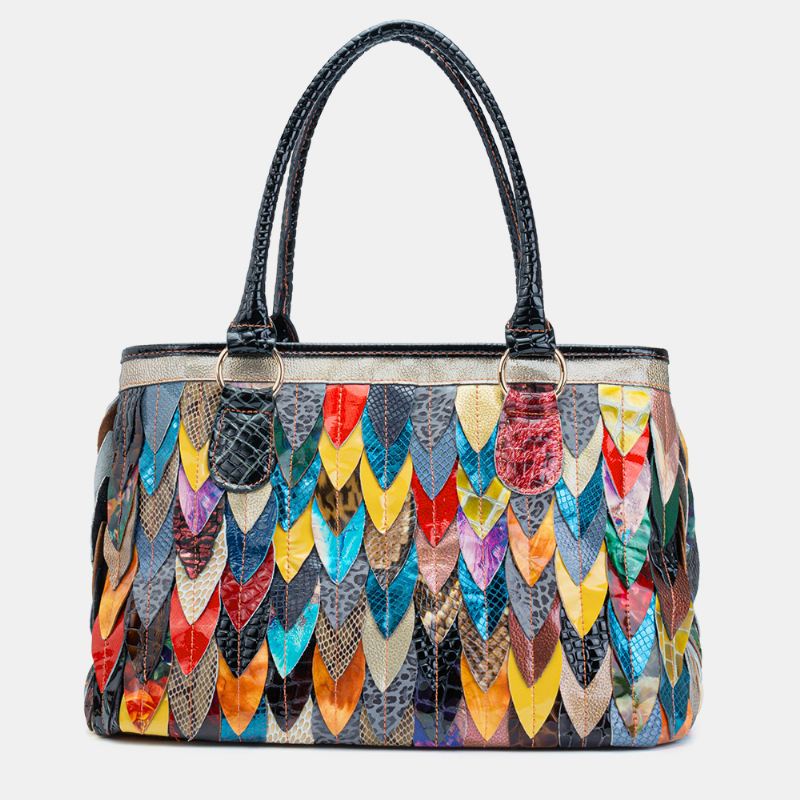 Kvinder Ægte Læder Patchwork Tote Crossbody Taske Håndtaske