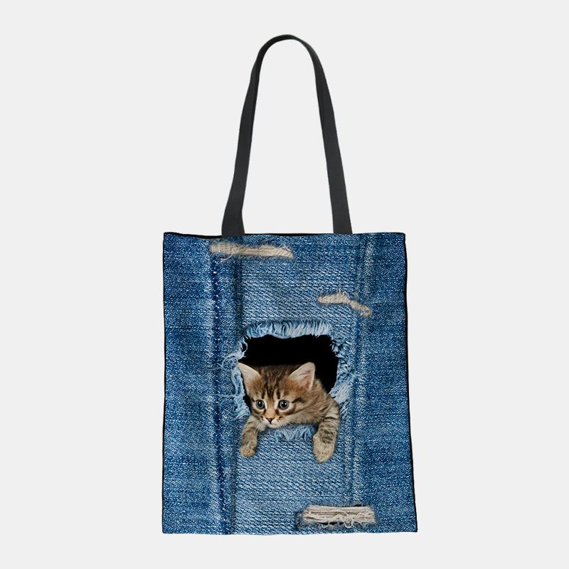 Kvinder Canvas Breaking Hole Denim 3d Sød Kat Hundemønster Casual Outdoor Håndtaske Skuldertaske Tote