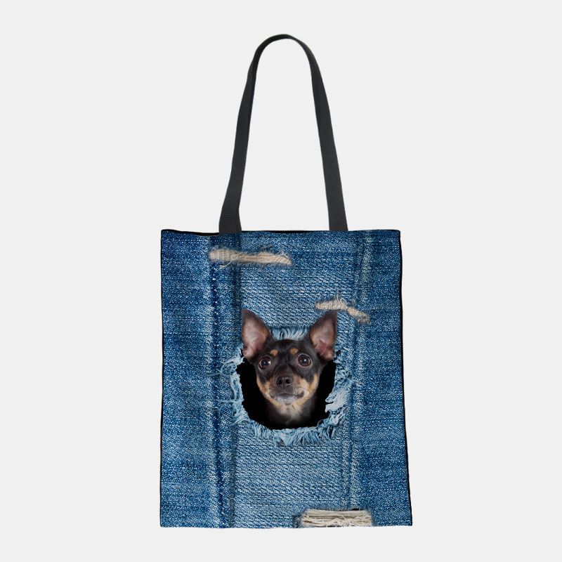 Kvinder Canvas Breaking Hole Denim 3d Sød Kat Hundemønster Casual Outdoor Håndtaske Skuldertaske Tote