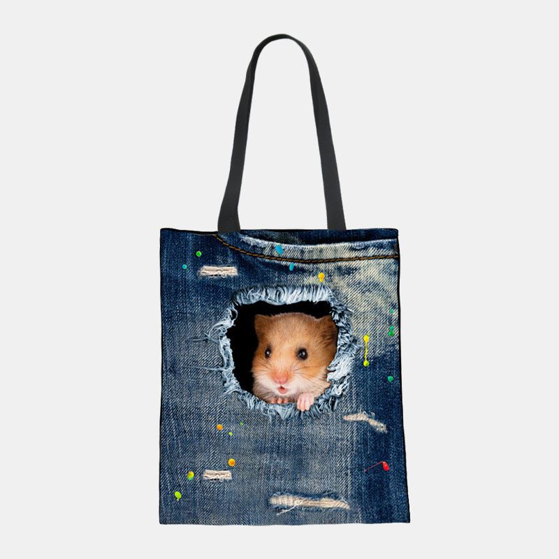 Kvinder Canvas Breaking Hole Denim 3d Sød Kat Hundemønster Casual Outdoor Håndtaske Skuldertaske Tote