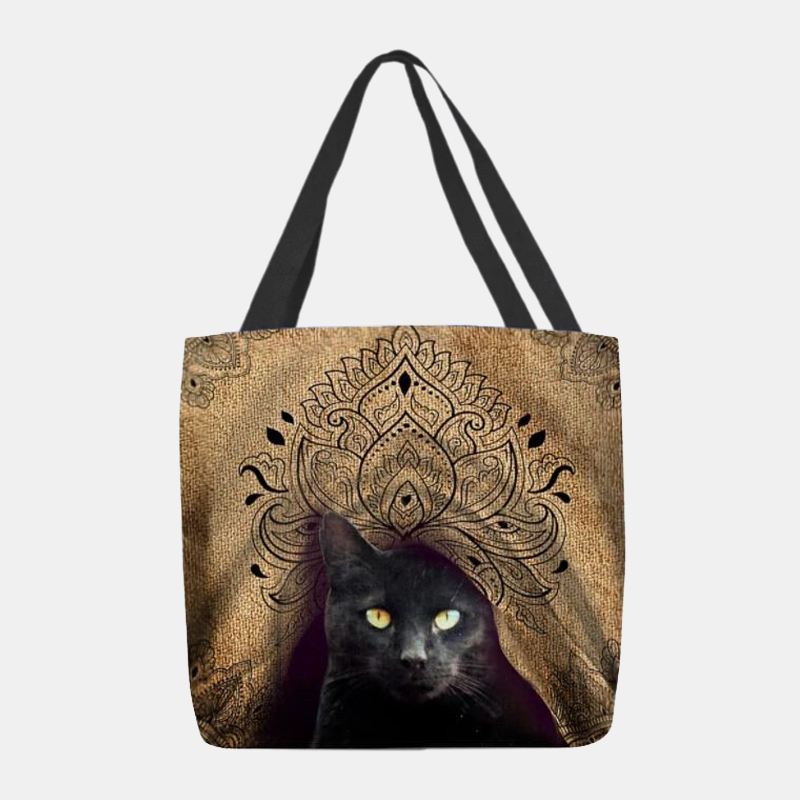 Kvinder Canvas Cute Black Kat Pattern Håndtaske Tote Skuldertaske