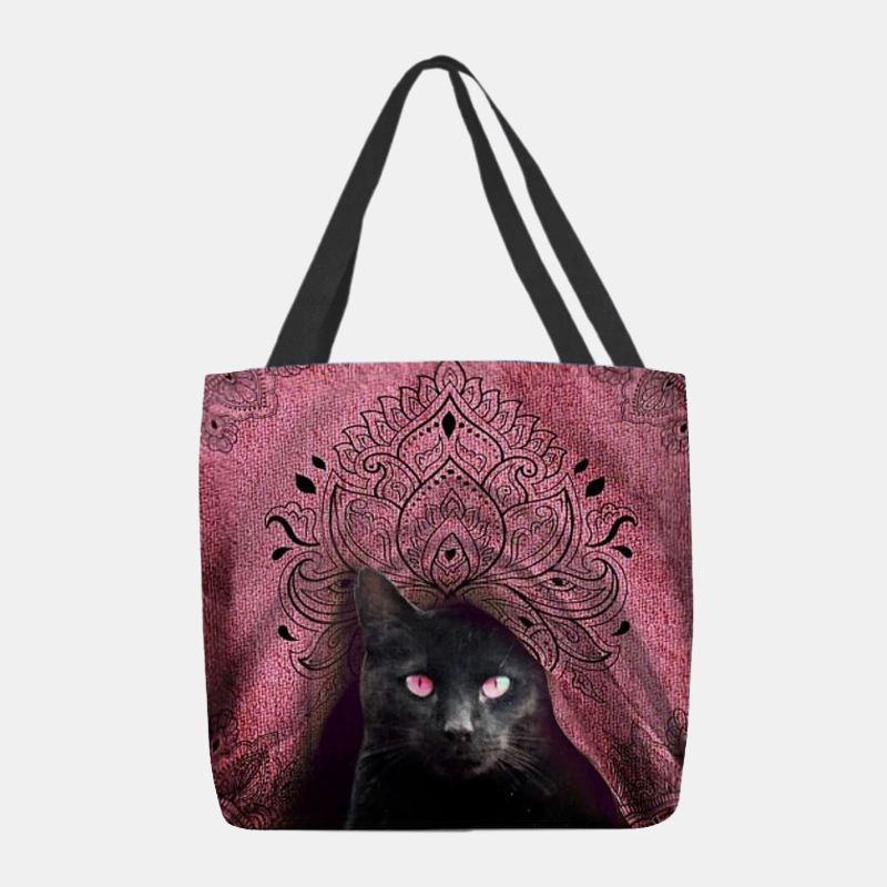 Kvinder Canvas Cute Black Kat Pattern Håndtaske Tote Skuldertaske