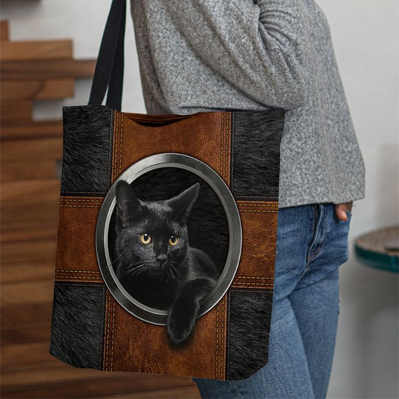 Kvinder Canvas Cute Tegneserie Black Kat Med Tryk Håndtaske Tote Skuldertaske