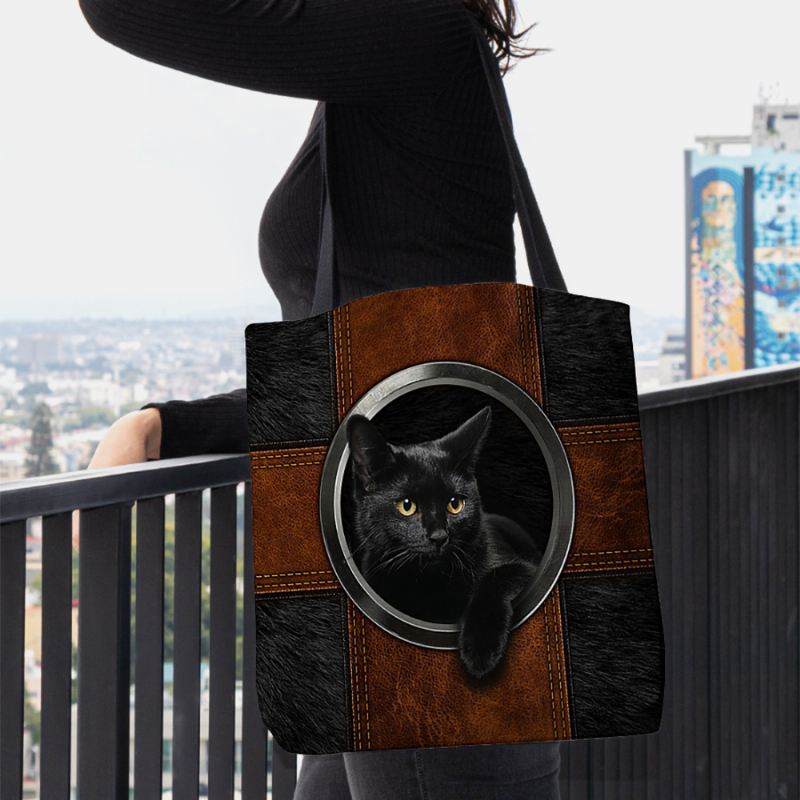 Kvinder Canvas Cute Tegneserie Black Kat Med Tryk Håndtaske Tote Skuldertaske