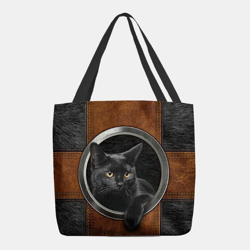 Kvinder Canvas Cute Tegneserie Black Kat Med Tryk Håndtaske Tote Skuldertaske