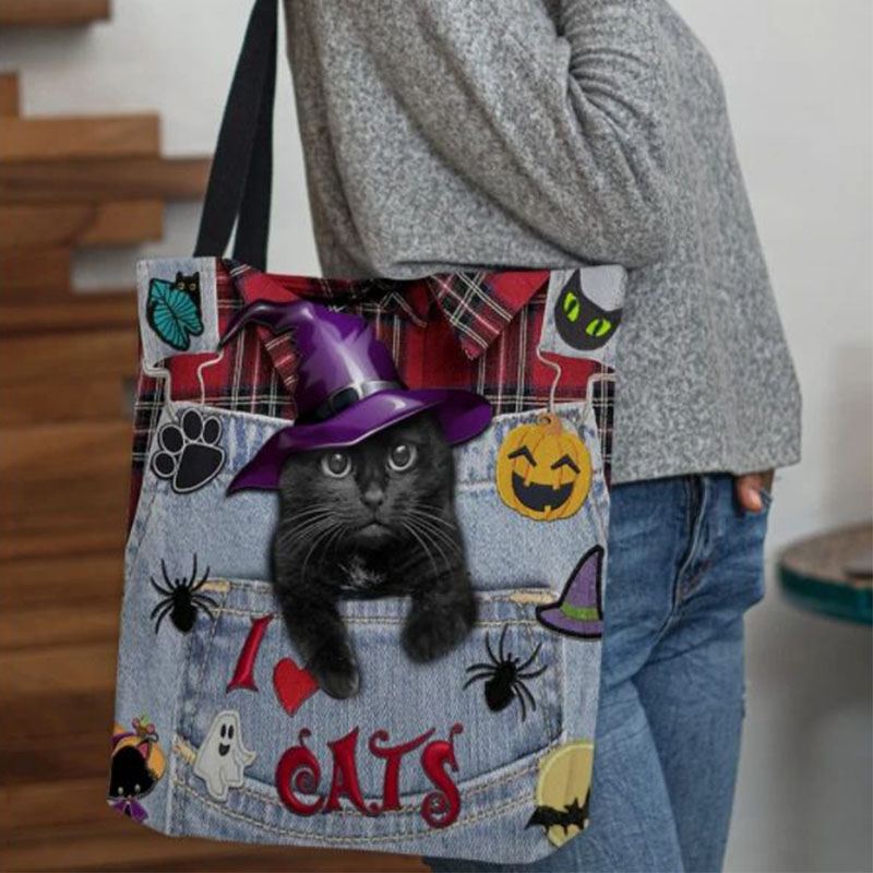 Kvinder Canvas Magic Hat Tredimensionel 3d Cute Black Kat Håndtaske Tote Skuldertaske