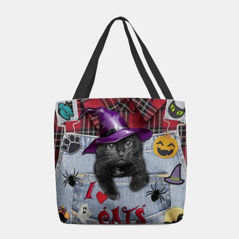 Kvinder Canvas Magic Hat Tredimensionel 3d Cute Black Kat Håndtaske Tote Skuldertaske