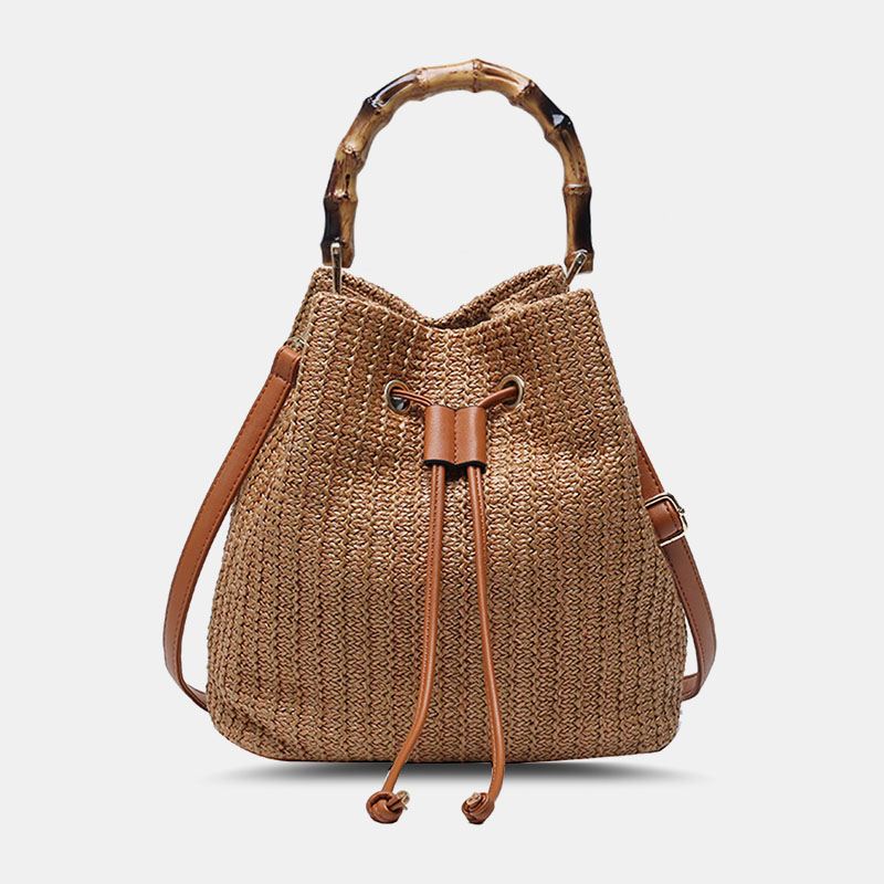 Kvinder Ensfarvet String Casual Straw Bag Håndtaske Skuldertaske Crossbody Tasker Bucket Bag