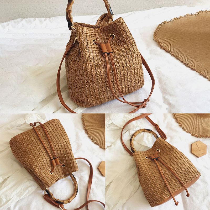 Kvinder Ensfarvet String Casual Straw Bag Håndtaske Skuldertaske Crossbody Tasker Bucket Bag