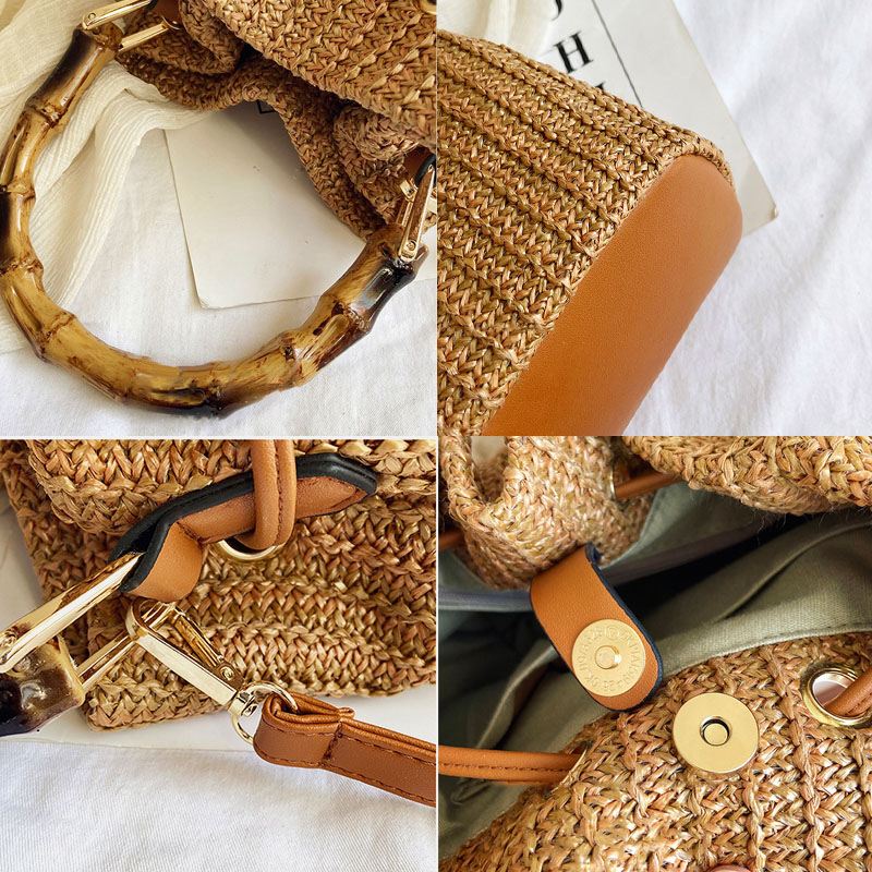 Kvinder Ensfarvet String Casual Straw Bag Håndtaske Skuldertaske Crossbody Tasker Bucket Bag