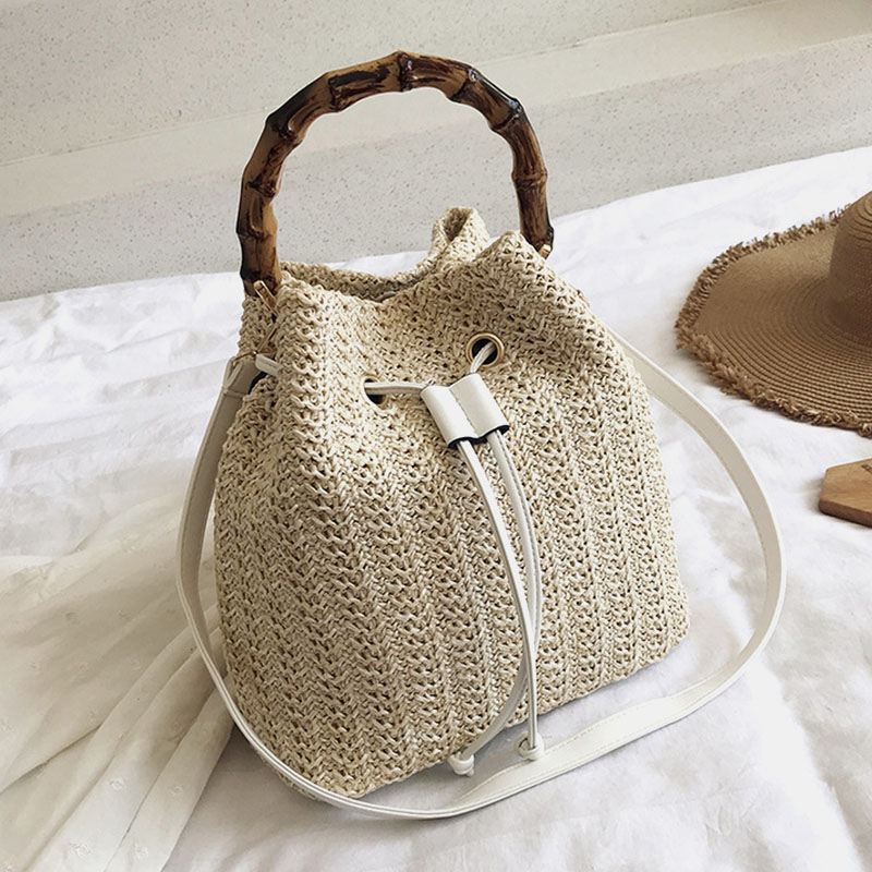 Kvinder Ensfarvet String Casual Straw Bag Håndtaske Skuldertaske Crossbody Tasker Bucket Bag