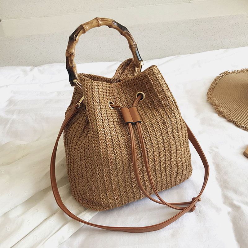 Kvinder Ensfarvet String Casual Straw Bag Håndtaske Skuldertaske Crossbody Tasker Bucket Bag