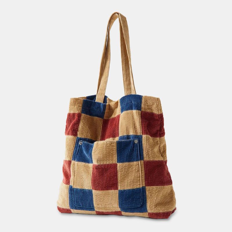 Kvinder Farve Matchende Stor Kapacitet Tote Corduroy Plaid Front Pocket Vintage Skuldertaske Håndtaske