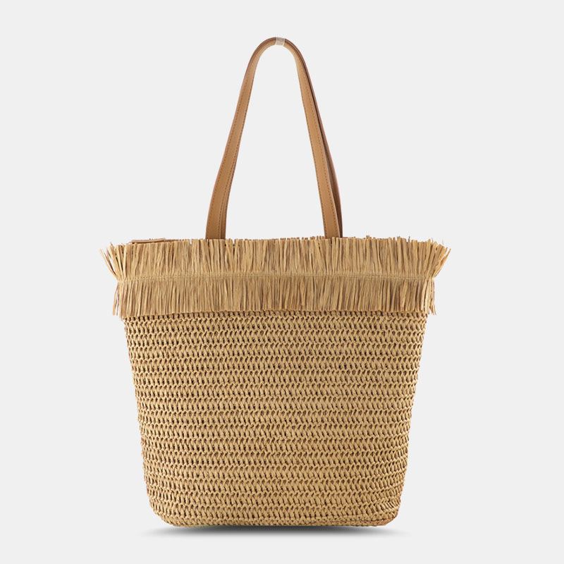 Kvinder Halm Stor Kapacitet Casual Retro Åndbar Beach Bag Håndtaske Skuldertaske