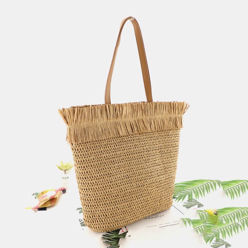 Kvinder Halm Stor Kapacitet Casual Retro Åndbar Beach Bag Håndtaske Skuldertaske