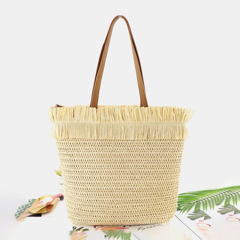 Kvinder Halm Stor Kapacitet Casual Retro Åndbar Beach Bag Håndtaske Skuldertaske