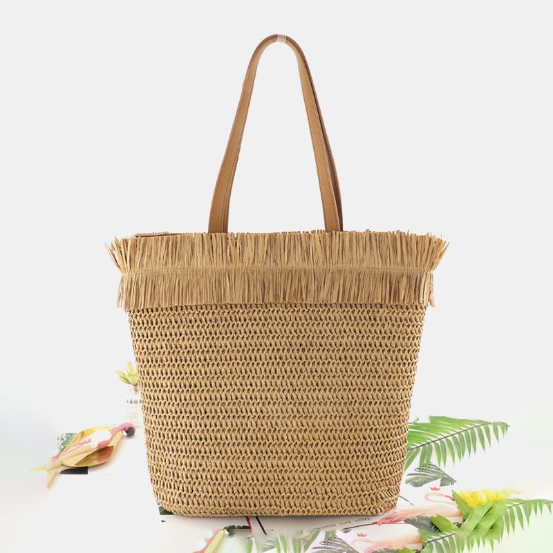 Kvinder Halm Stor Kapacitet Casual Retro Åndbar Beach Bag Håndtaske Skuldertaske