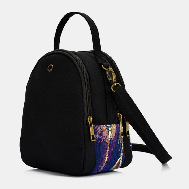 Kvinder Lærred Etnisk Stil Broderi Påfuglemønster Pailletter Mini Multi-carry Håndtaske Crossbody Taske