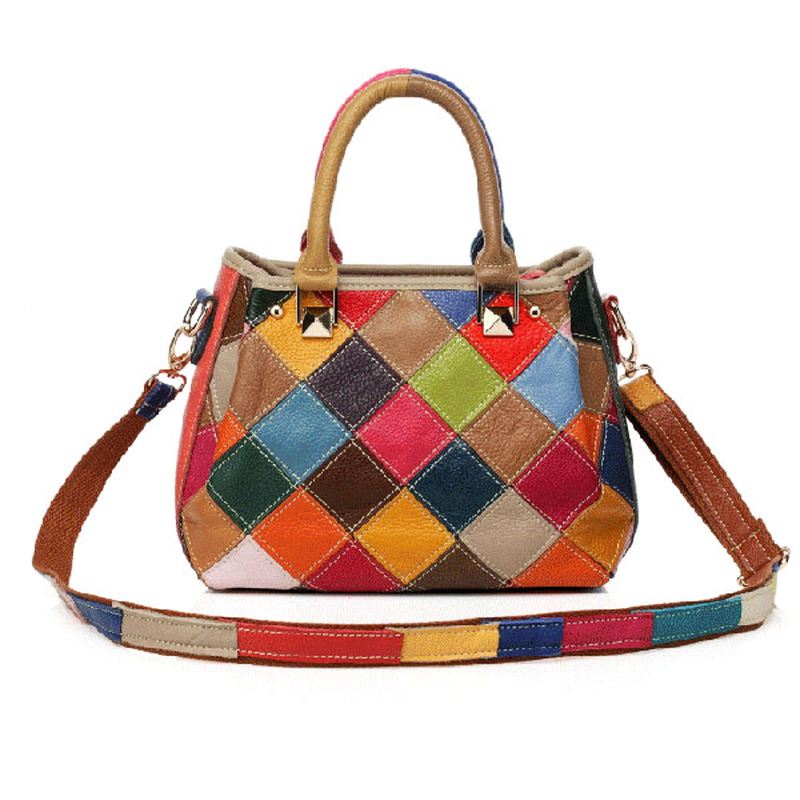 Kvinder Patchwork Koskind Farverig Håndtaske Tote Håndtaske Crossbody Taske