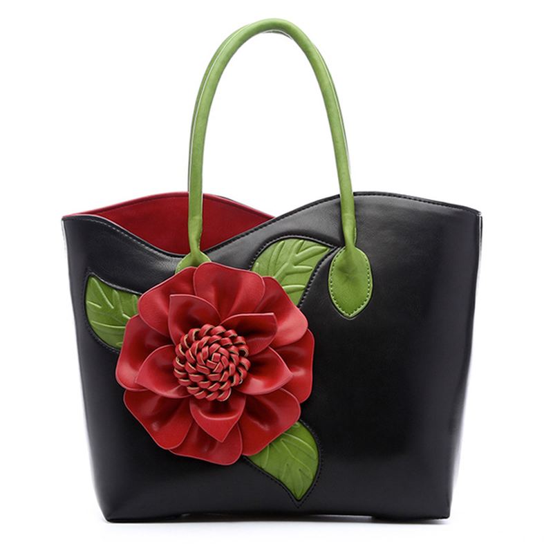 Kvinder Pu Læder Blomsterdekoration Elegant Håndtaske Sling Bag National Style Tote Bag