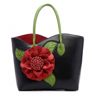 Kvinder Pu Læder Blomsterdekoration Elegant Håndtaske Sling Bag National Style Tote Bag