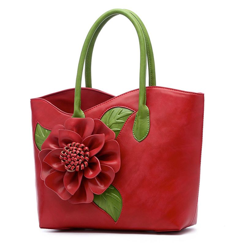 Kvinder Pu Læder Blomsterdekoration Elegant Håndtaske Sling Bag National Style Tote Bag