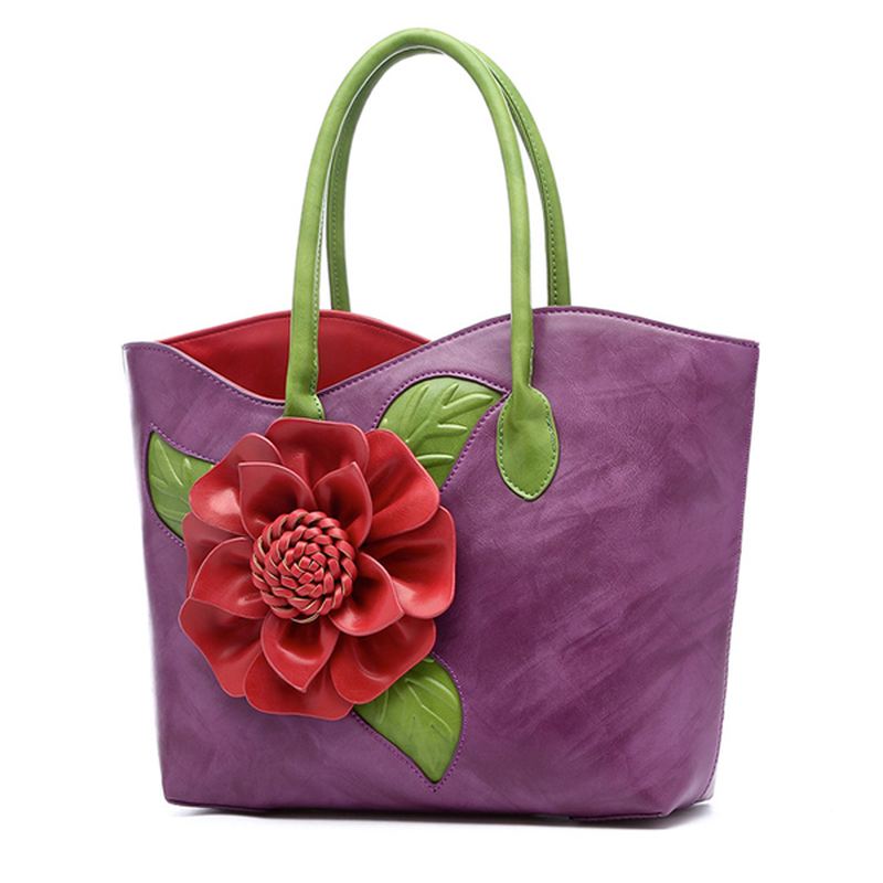 Kvinder Pu Læder Blomsterdekoration Elegant Håndtaske Sling Bag National Style Tote Bag